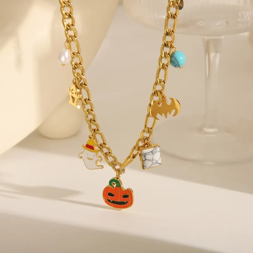 Haunted Whimsy Halloween Gold Chain With Spooky Cute Accents Charm Bracelet - Picture 9 of 11